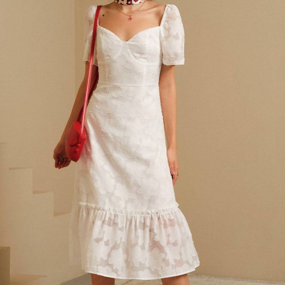 Rihoas - The Jacquard Ruffle Trim Midi Dress - White - XS